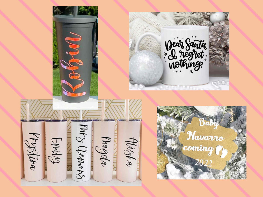 Smart Vinylfolie von TeckWrap Craft auf Tumbler, Tassen und Weihnachtsschmuck mit Namensbeschriftung, geeignet für Cricut Explore & Maker.