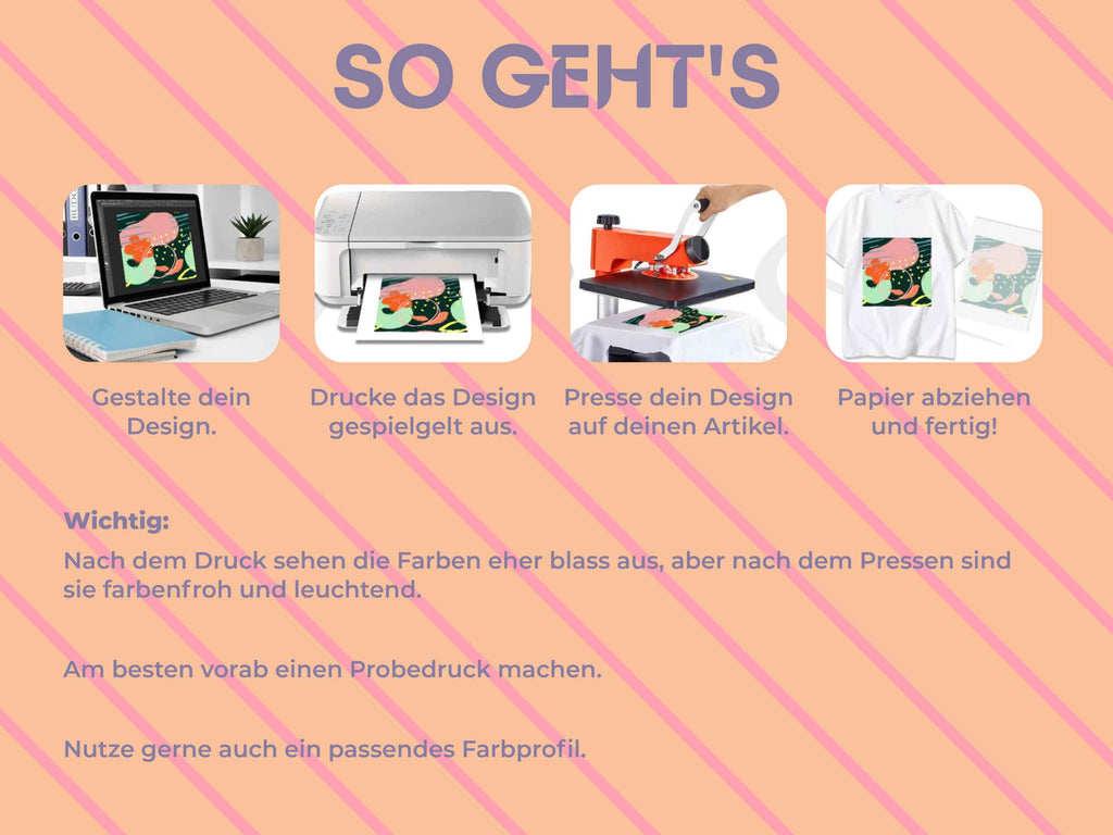 So funktioniert’s: Sublimationsdesign spiegeln, drucken, pressen – fertig! Die einfache Anwendung erklärt in vier Schritten für Anfänger:innen.