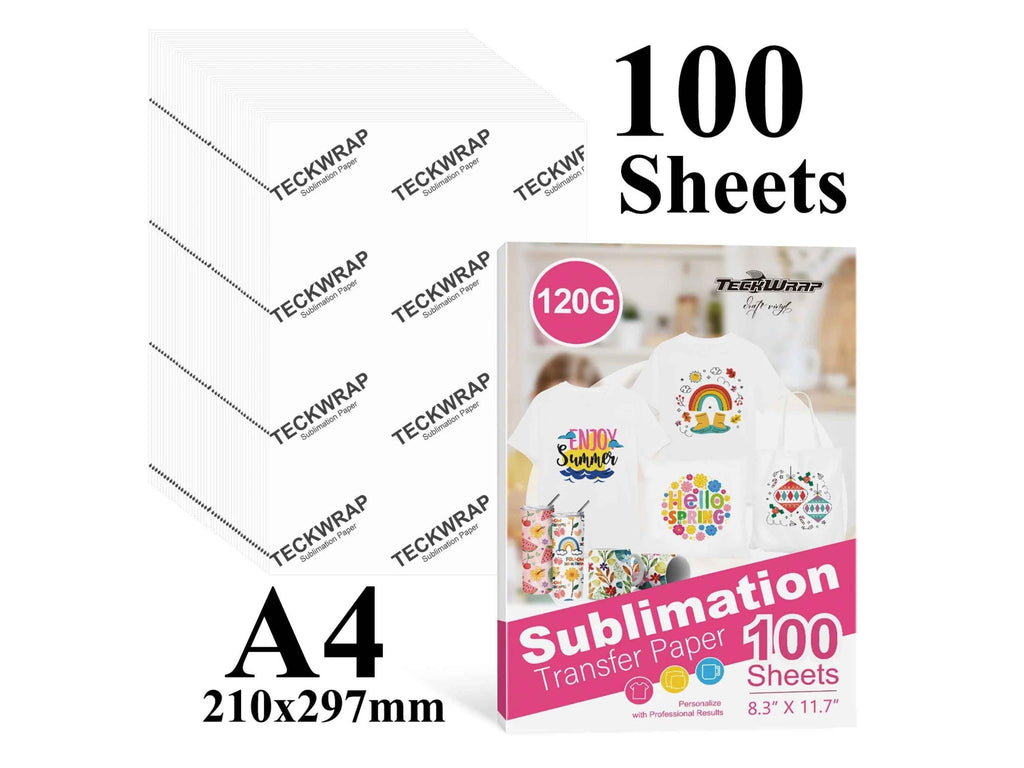 100 Blatt A4 Sublimationspapier von TeckWrap Craft – 120 g/m² stark, schnell trocknend, hohe Farbbrillanz, ideal für DIY mit Epson oder Sawgrass.