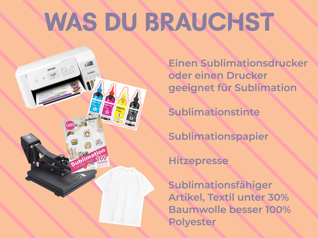 Was du brauchst für DIY-Sublimation: kompatibler Drucker, Sublimationstinte, Hitzepresse, Polyester-Textilien – perfekt erklärt für Einsteiger:innen.
