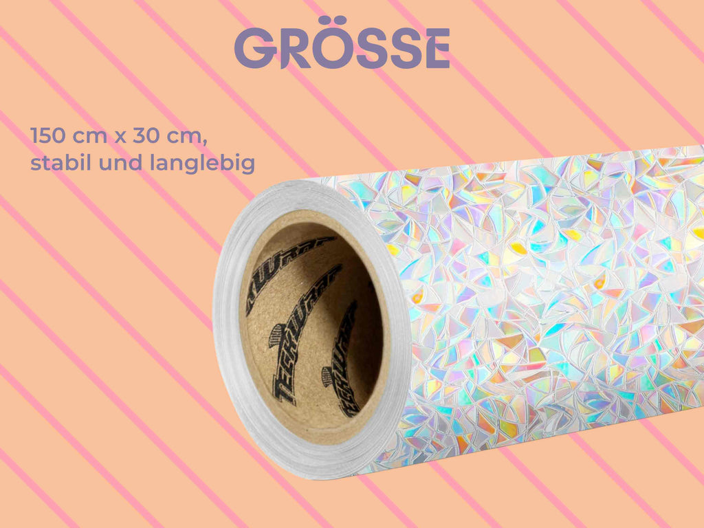 Detailansicht der holografischen TeckWrap-Fensterfolie – 150 x 30 cm groß, wiederverwendbar und ideal für DIY-Projekte