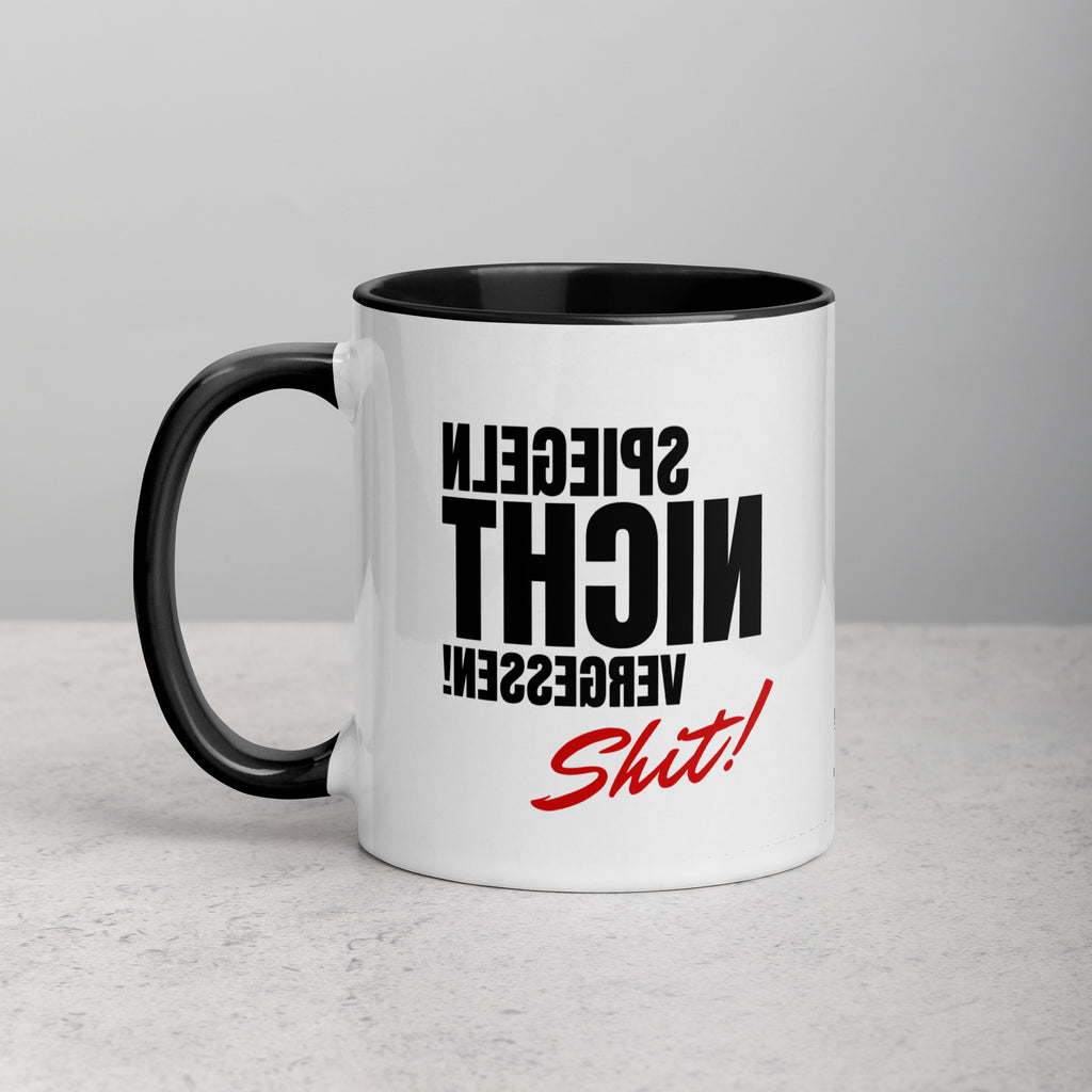 Tasse mit schwarzem Henkel und dem Aufdruck „Spiegeln nicht vergessen!“ – Geschenkidee für Plotterfreunde