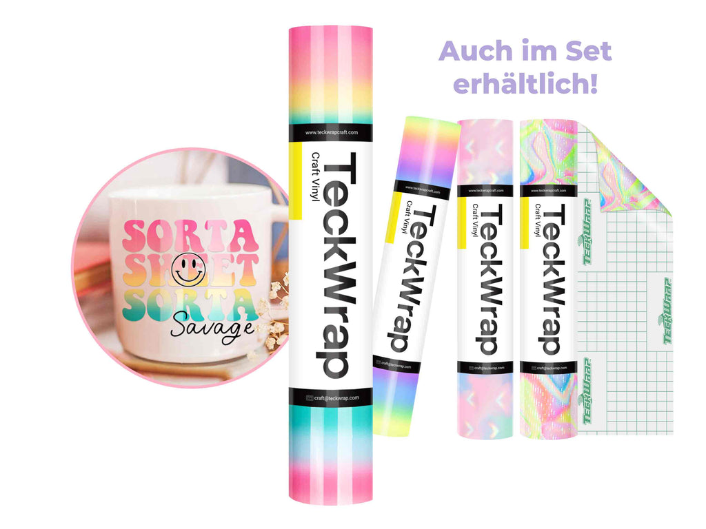 Candy Color Vinyl von TeckWrap Craft – mit Beispielmotiv auf Tasse und dem Hinweis: auch als Set mit verschiedenen Designs erhältlich.
