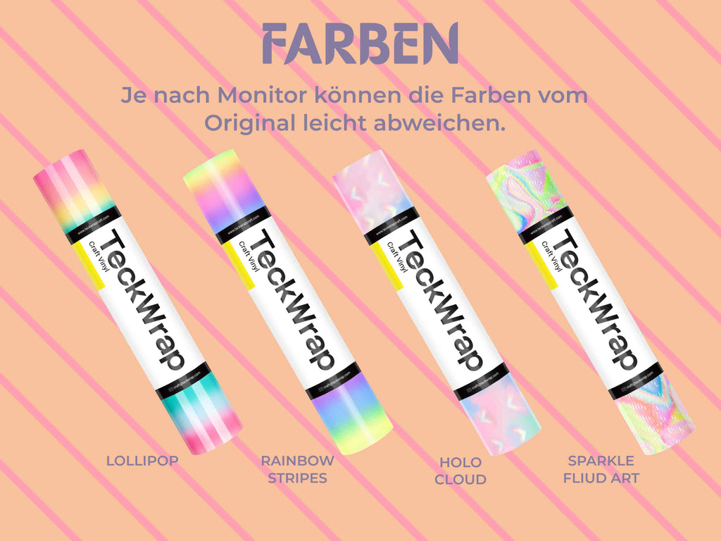 Die Farben des Candy Color Vinyls von TeckWrap Craft: Lollipop, Rainbow Stripes, Holo Cloud und Sparkle Fluid Art – für glänzende DIY-Momente.