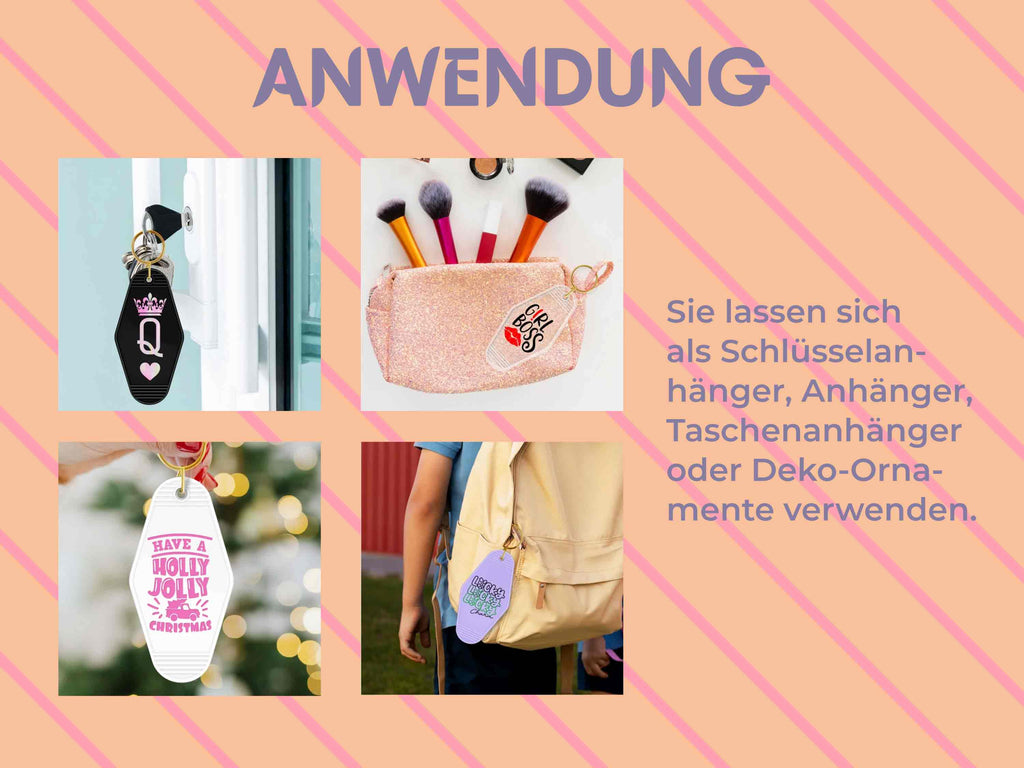 Anwendungsbeispiele für Motel Keychains als Taschenanhänger, Schlüsselanhänger oder Geschenkanhänger – ideal für Plotterprojekte und Sticker