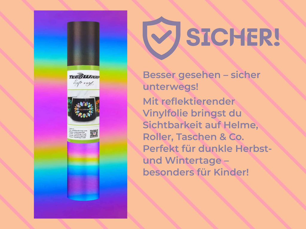 Hinweis auf den Sicherheitsaspekt der reflektierenden Vinylfolie, perfekt für dunkle Herbsttage – ideal für Helme, Taschen, Roller für Kinder.