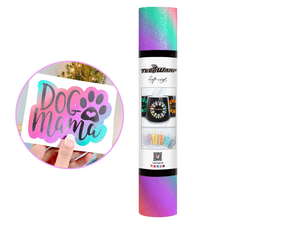 Bunte Vinylfolie von TeckWrapCraft mit diagonalen Regenbogenstreifen in Pink Cyan – perfekt für kreative DIY-Projekte mit Plotter.