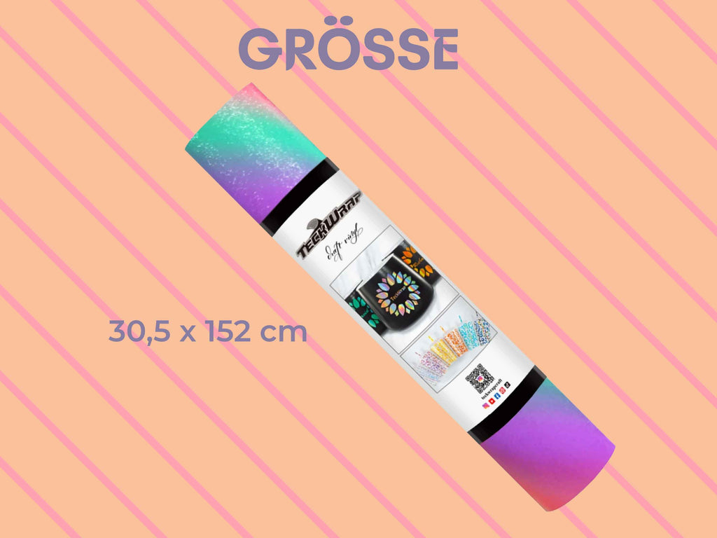 Vinylrolle im Design „Diagonal Rainbow Stripes“ in Pink Cyan – 30,5 × 152 cm, geeignet für alle gängigen Schneideplotter.
