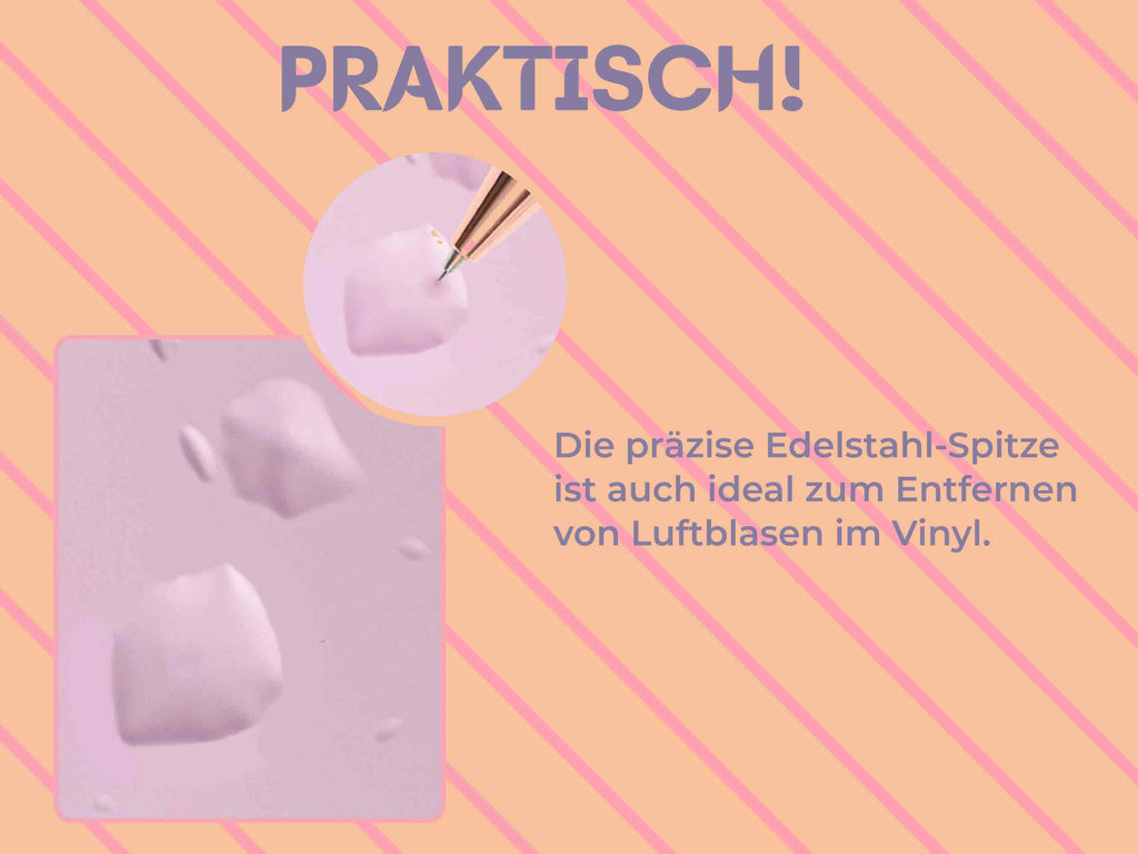 Detailaufnahme: Die feine Edelstahlspitze durchsticht eine Luftblase auf einer Vinylfolie – perfekt zum Blasen entfernen.