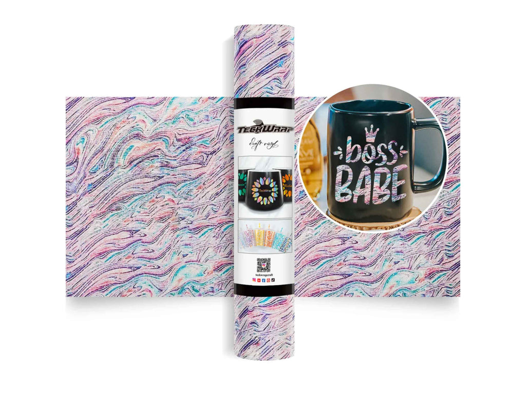 Swirl Marble Vinylfolie mit marmorierten Glitzerwirbeln in lebendigen Farben – einzigartiger Look für kreative Projekte wie Tassen, Aufkleber oder Scrapbooking. Hochwertige TeckWrap Craft Vinylqualität.