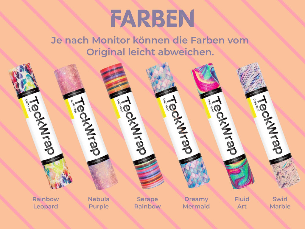Glitter Brush Vinylfolie in vielen Designs: Dreamy Mermaid, Fluid Art, Purple Nebula, Rainbow Leopard, Serape Rainbow, Swirl Marble – jede mit individuellem Glitzermuster. Farben können je nach Monitor leicht abweichen.