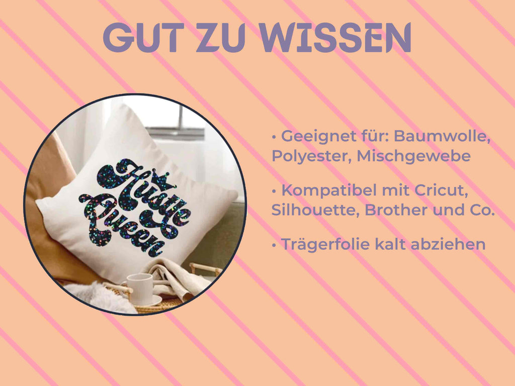 DIY-Kissen mit glatter Holographic Glitter Textilfolie von TeckWrap Craft, 3D-Look mit Lichtspiel in Pink, geplottet mit Cricut oder Silhouette
