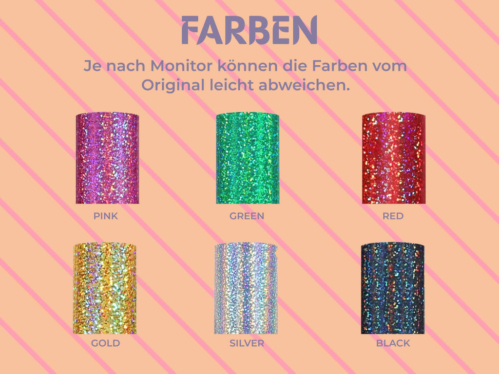 Übersicht der 6 Farben der glatten Holographic Glitter Textilfolie: Pink, Green, Red, Gold, Silver, Black – alle mit irisierendem Holo-Look