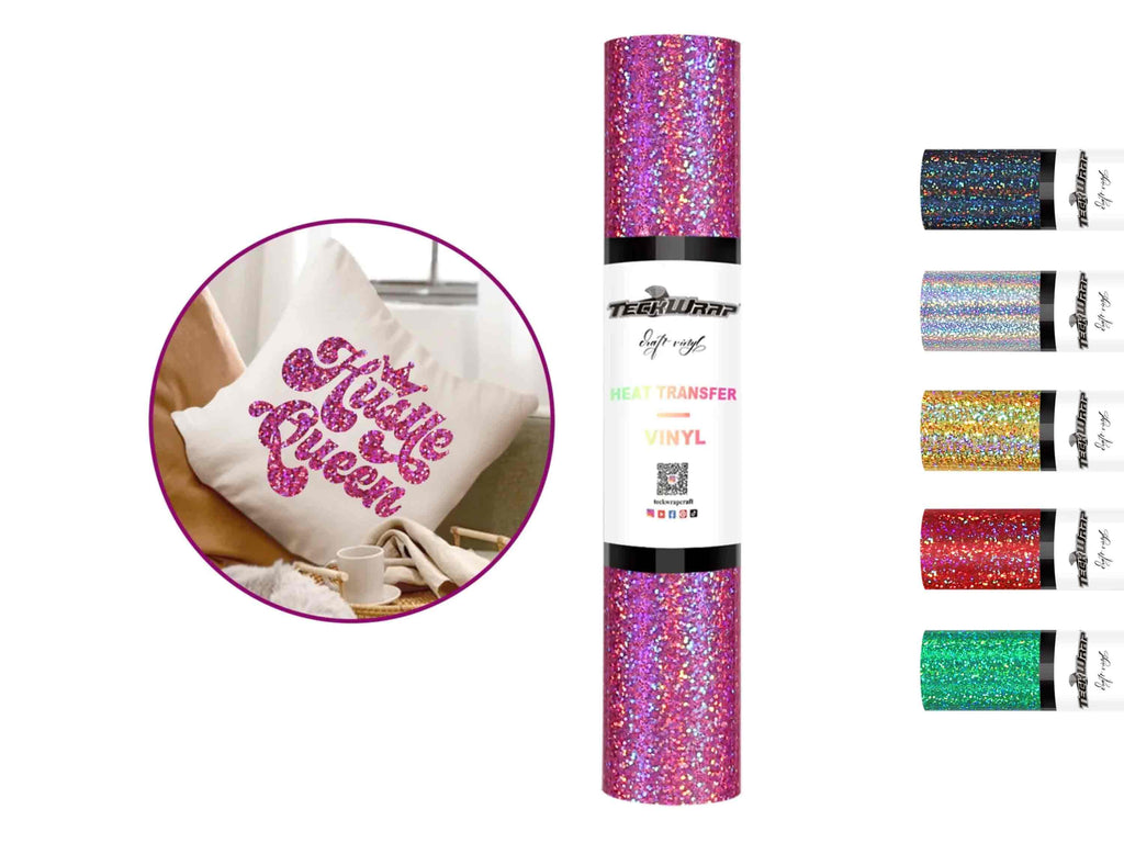Rolle der glatten HTV-Folie mit holografischem Glitter-Look von TeckWrap Craft in Pink – für Plotterprojekte auf Shirts, Beuteln und mehr
