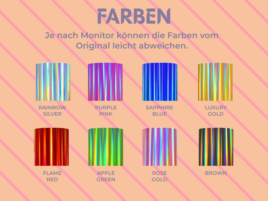 Übersicht der 8 Farben der Soft Holographic HTV-Folie von TeckWrap Craft: Rainbow Silver, Flame Red, Apple Green, Rose Gold und mehr