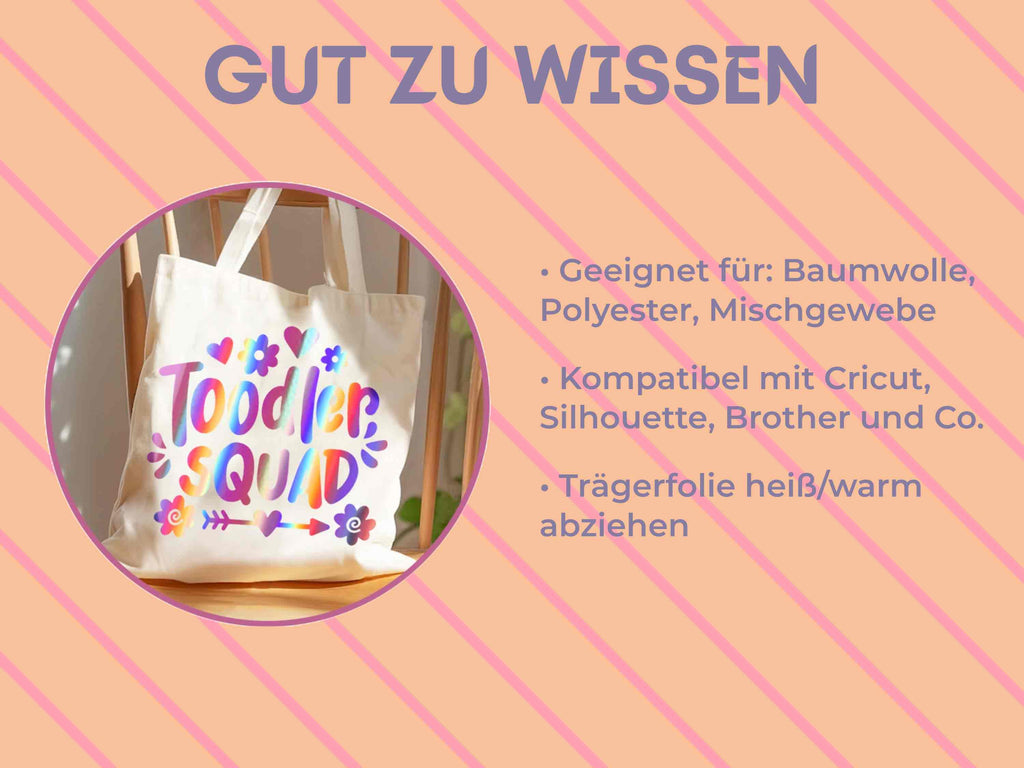 Glänzende Soft Holographic Textilfolie von TeckWrap Craft auf DIY-Tasche mit dem Motiv “Toddler Squad”, geschnitten mit Cricut oder Silhouette