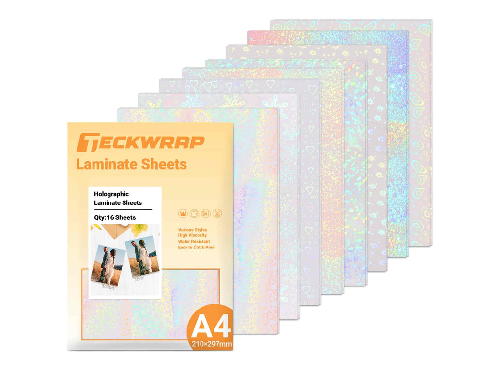 Holographische Laminierfolien von TeckWrap Craft in Herz-, Stern- und Schneeflockenmustern – glänzend und wasserfest.
