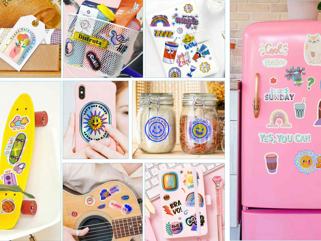 Anwendung der Laminierfolien auf verschiedenen DIY-Stickern – von Skateboard bis Handyhülle, ideal für Cricut und Silhouette.