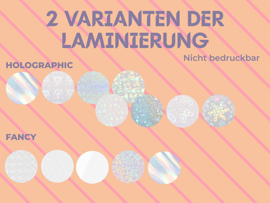 Übersichtsgrafik zeigt die Unterschiede zwischen Fancy und Holographic Laminierfolien von TeckWrap Craft in runden Vorschauen.