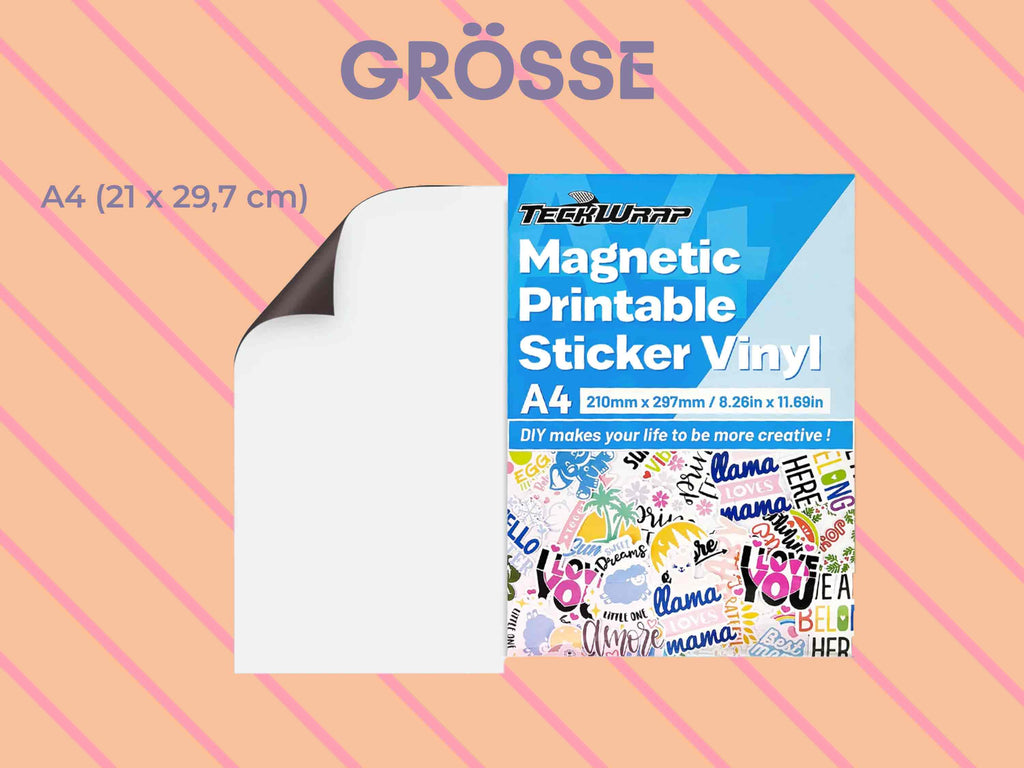 Größenhinweis zur Magnetfolie von TeckWrap Craft in A4 (21 × 29,7 cm), matt, bedruckbar – ideal für Cricut, Silhouette, Brother & Co.