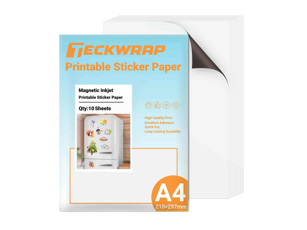 Produktverpackung der TeckWrap Craft Magnetfolie – 10 Bögen A4, matt, bedruckbar mit Inkjet, perfekt für selbstgemachte Magnet-Sticker.