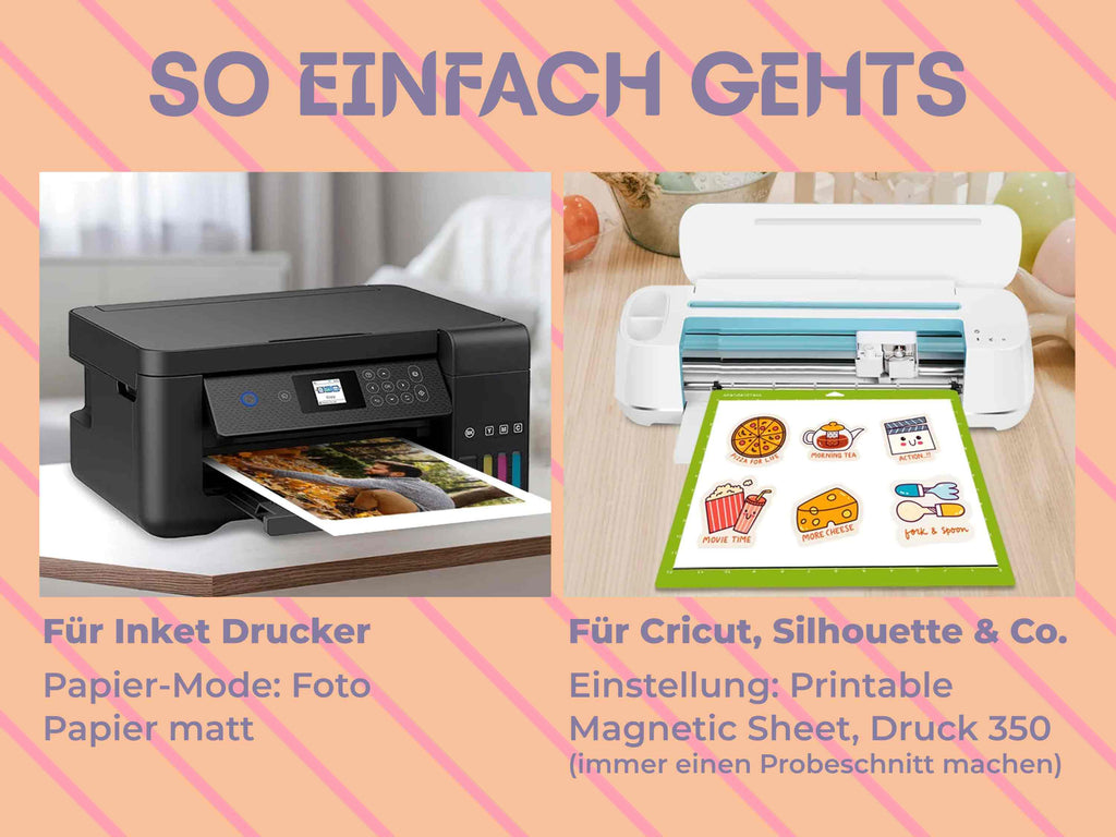 Plotter- und Druckeinstellungen für TeckWrap Magnetfolie: Inkjet „Foto Papier matt“, Cricut „Printable Magnetic Sheet“, Druckstärke 350.