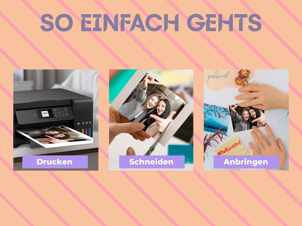 Infografik zur Anwendung: Drucken, Schneiden, Anbringen – so einfach nutzt du die bedruckbare Magnetfolie für dein DIY-Projekt.