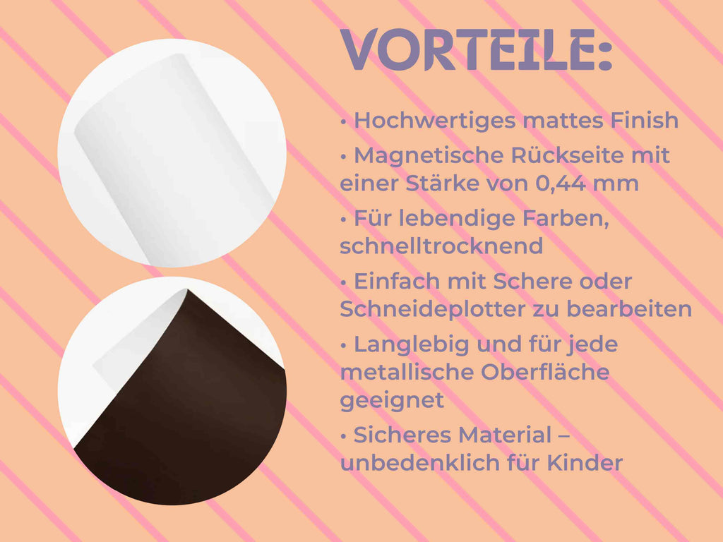 Infografik mit den Vorteilen der Magnetfolie: matte Oberfläche, magnetische Rückseite, lebendige Farben, kindersicher, einfach zu schneiden.