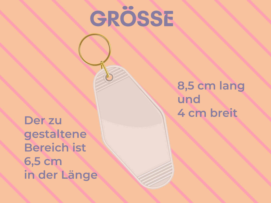 Grafik zur Größe der Motel Keychain Rohlinge: 8,5 cm lang, 4 cm breit, gestaltbarer Bereich 6,5 cm – perfekt für Vinyl & Sticker