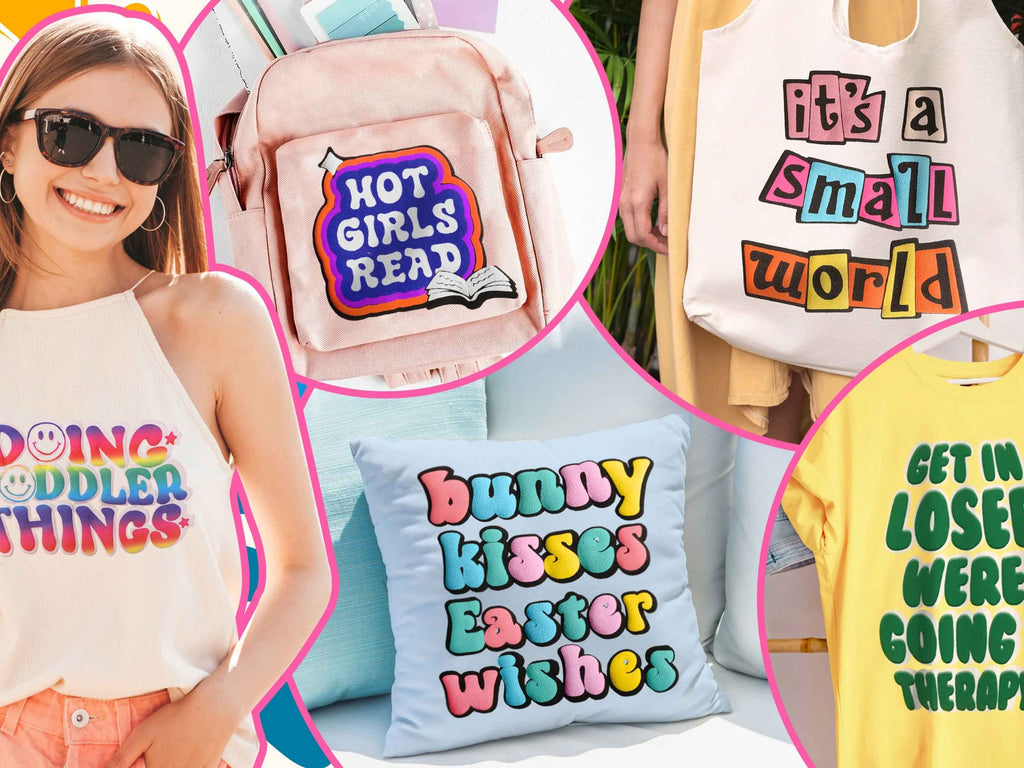 Puff HTV Beispiel-Design in 3D-Optik vor und nach dem Pressen – extra weicher Look mit fühlbarem Effekt für Textilien, ideal für DIY und kleine Labels
