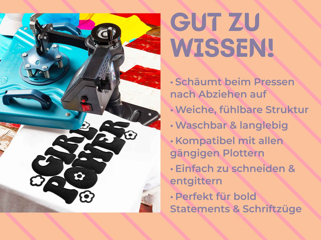 Puff HTV Vorteile auf einen Blick: Waschmaschinenfest, dehnbar, kein Verblassen, starke Haftung – perfekt für kreative DIY-Shirts, Hoodies & Co