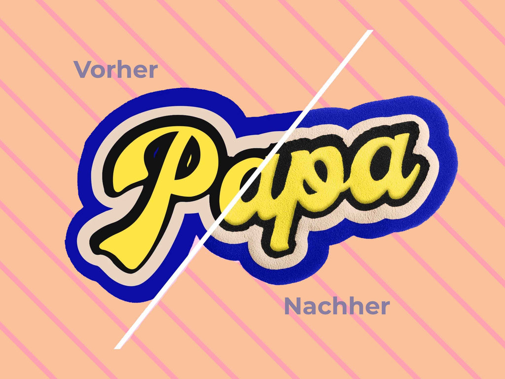 Beispiel: Papa-Schriftzug mit Puff HTV im Vorher-Nachher-Vergleich – zeigt den typischen 3D-Effekt der TeckWrap Craft Puff-Folie