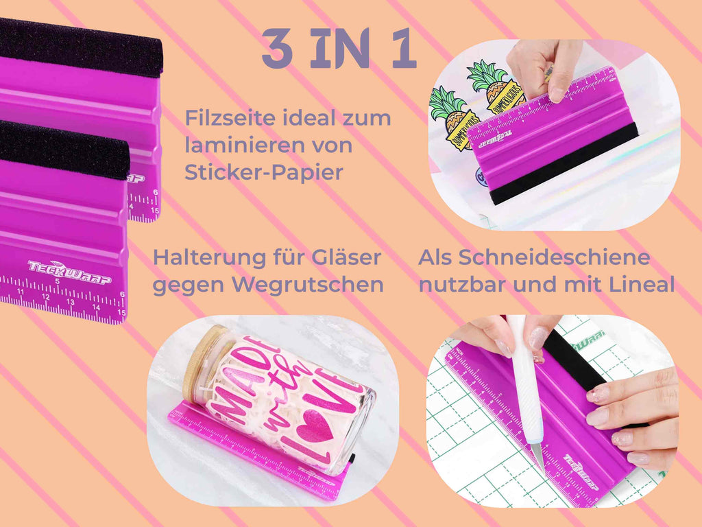 TeckWrap Craft Rakel in 3-in-1-Anwendung: als Schneideschiene, Glashalter und zum Laminieren.