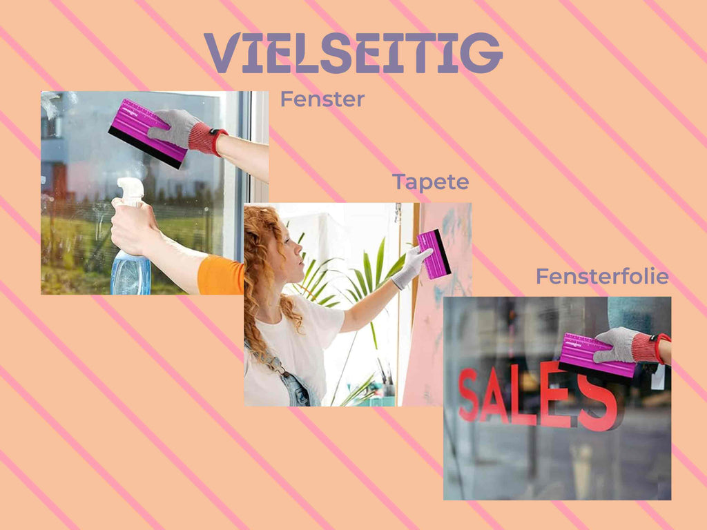 Pinke Rakel in vielseitigem Einsatz auf Fenster, Tapete und Fensterfolie – ideal für alle Oberflächen.