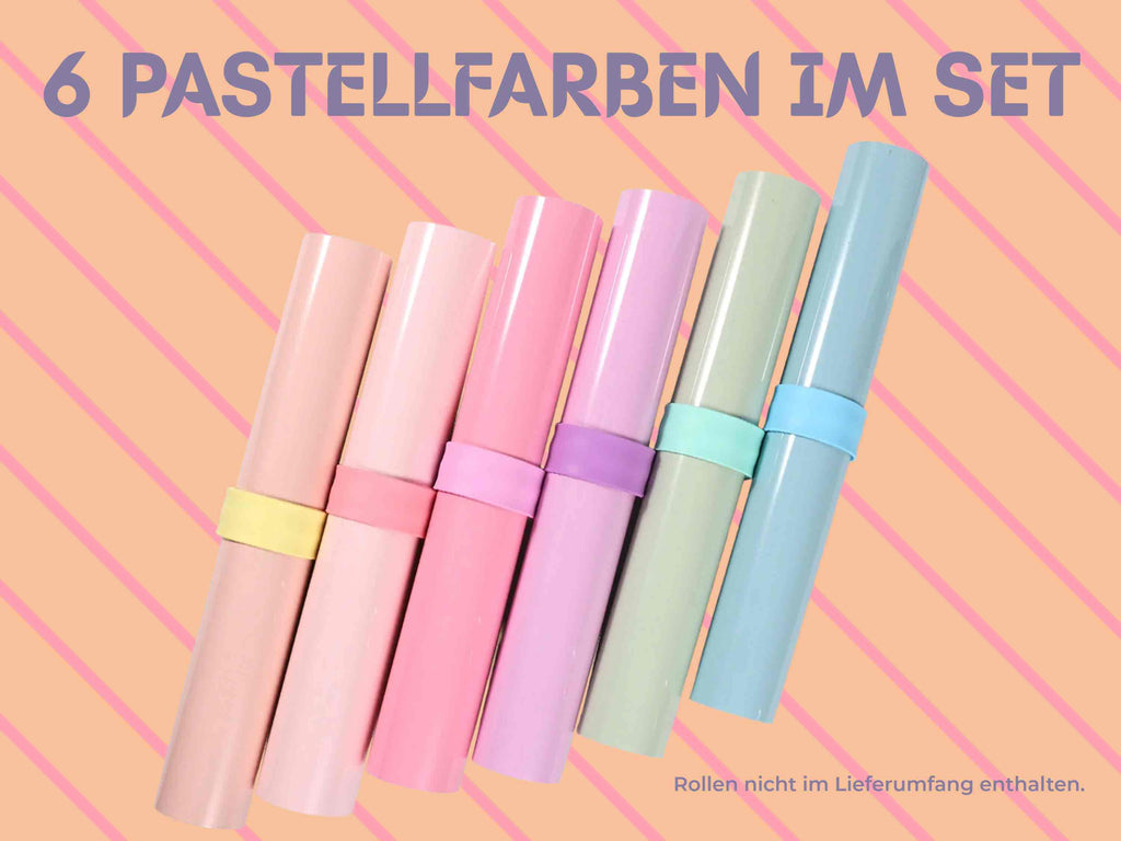 Sechs Vinylrollen mit fixierten TeckWrap Craft Schnapparmbändern in Pastellfarben – ideal zur Folienorganisation
