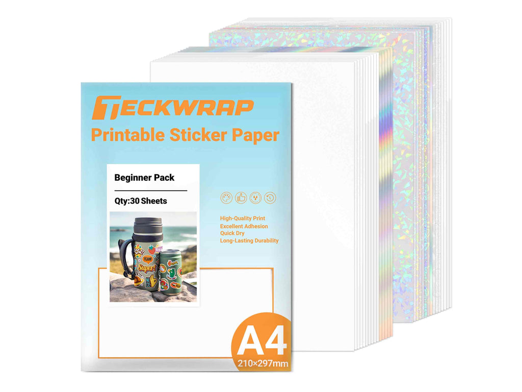 TeckWrapCraft Beginner-Sticker-Set mit 30 Bögen – 15 Stickerpapiere in Weiß und Holo plus 15 Laminierfolien in verschiedenen Finishes