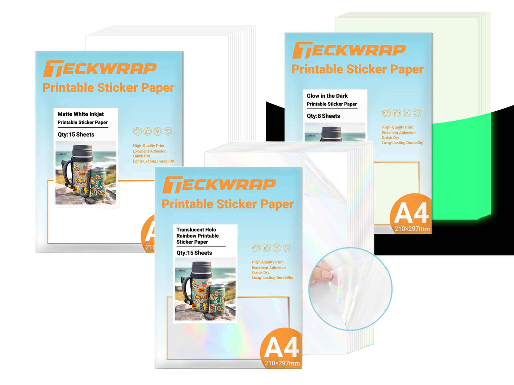 Bedruckbares Stickerpapier von TeckWrap Craft in 3 Varianten – matt weiß, glow in the dark und transparent holografisch – im praktischen A4-Set für DIY-Sticker