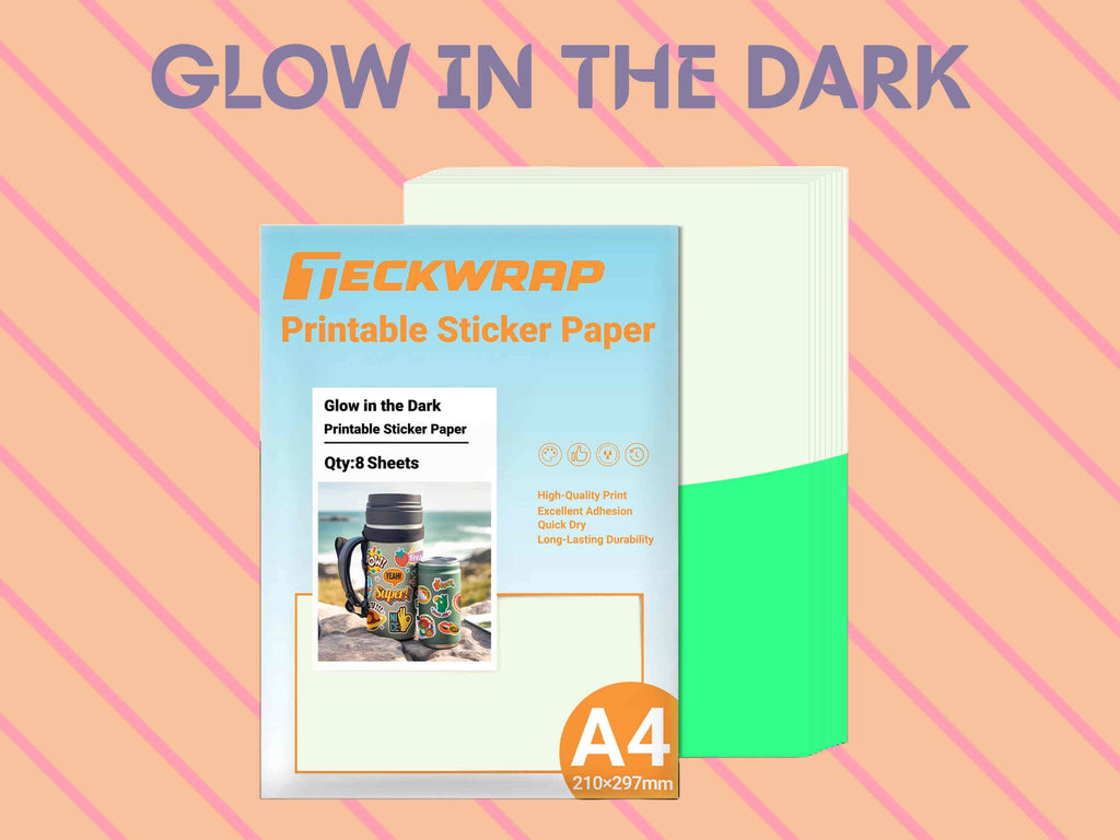 Glow in the Dark Stickerpapier von TeckWrap Craft – 8 Bögen A4, leuchtet nach Lichteinwirkung im Dunkeln, perfekt für kreative DIY-Designs
