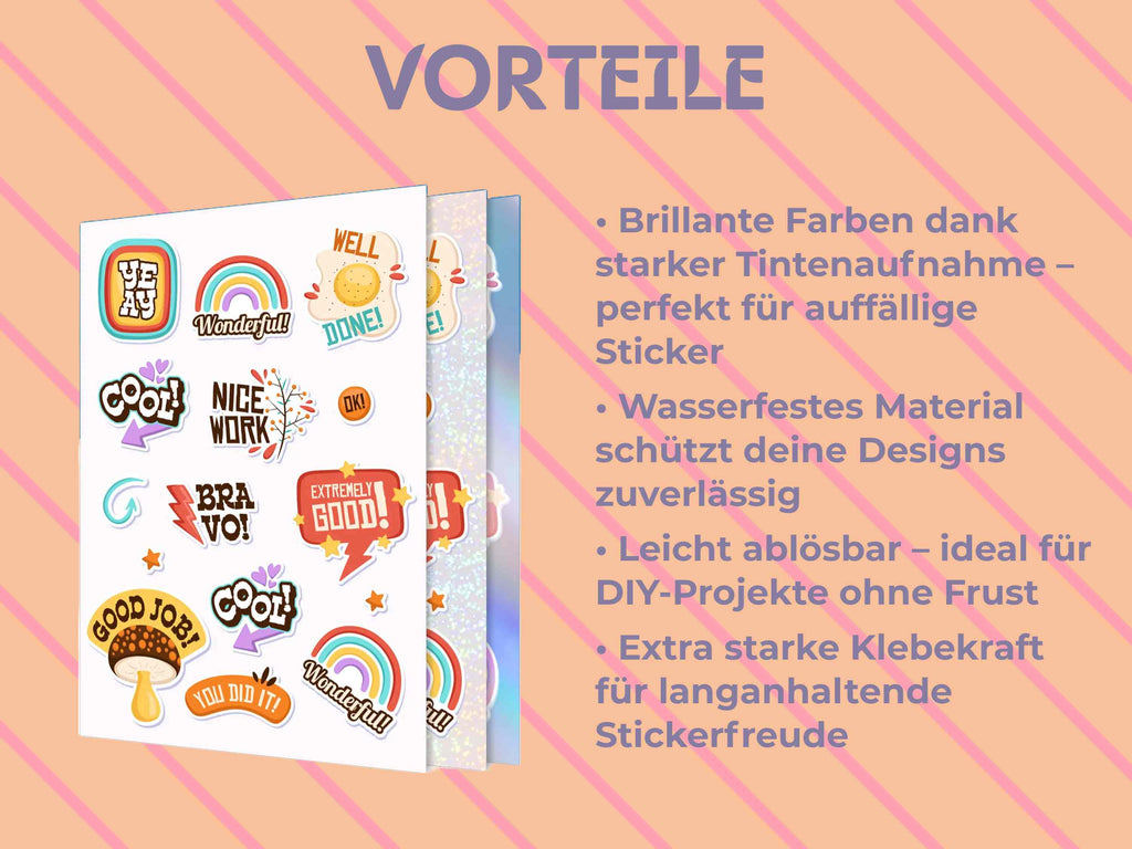 Vorteile des TeckWrap Craft Stickerpapiers: wasserfest, brillante Farben, leicht ablösbar, starke Haftung – ideal für langlebige DIY-Sticker