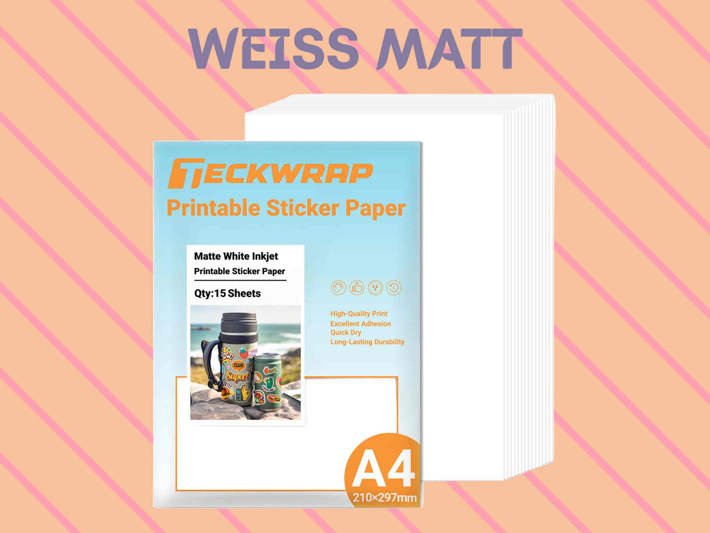 Weiß mattes Stickerpapier von TeckWrap Craft – 15 Bögen A4 für kräftige Farben, ideal zum Laminieren und perfekt für individuelle Plotter-Sticker