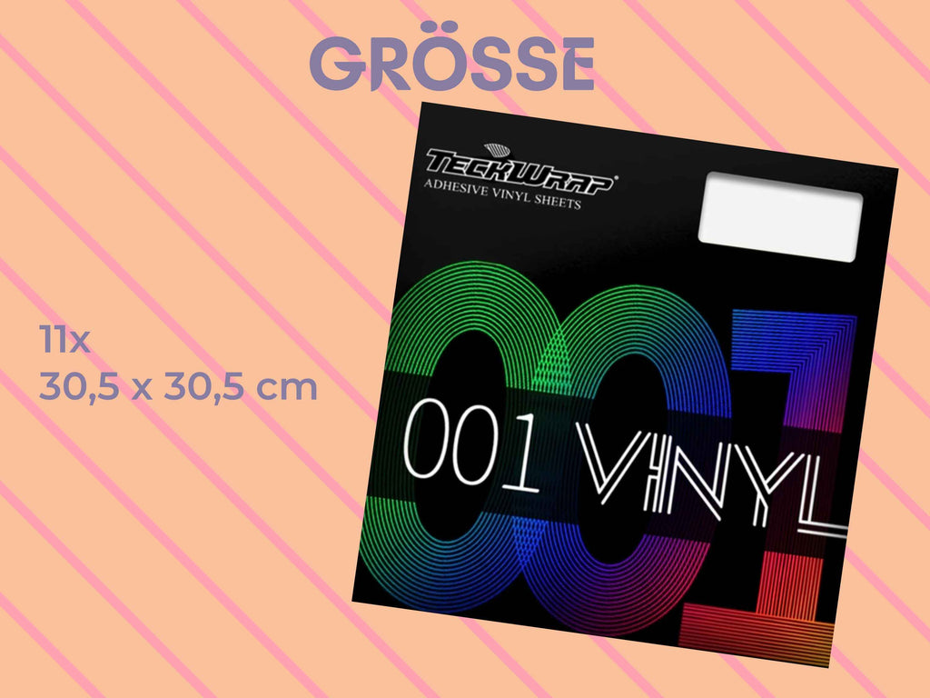 Größenübersicht des Vinylfolien-Sets in 30,5 x 30,5 cm bzw. 12” x 12”, ideal zum Schneiden und Entgittern mit jedem gängigen Schneideplotter
