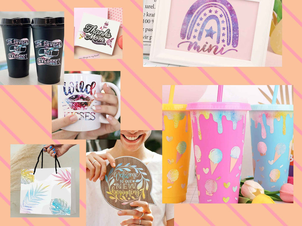 Glitter Brush Vinylfolie von TeckWrap Craft – glänzend, holografisch, selbstklebend. Beispiel-Designs auf Tasche, Becher, Tasse und Wanddeko. Ideal für Cricut, Silhouette, Scrapbooking, Geschenke und DIY-Deko.