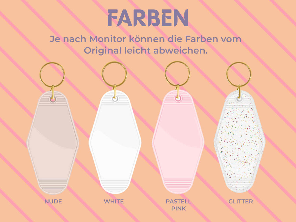 Farbvarianten der Motel Keychain Rohlinge: Nude, Weiß, Pastellpink, Glitter – DIY-Anhänger für Cricut und kreative Projekte
