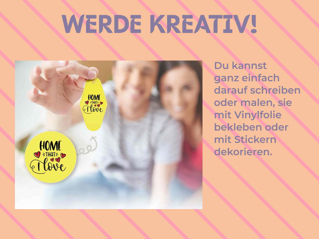 DIY-Idee mit Motel Keychain beklebt mit Vinyl – Motiv „Home that I love“, ideal für Cricut, Silhouette, Sticker und kreative DIY-Projekte
