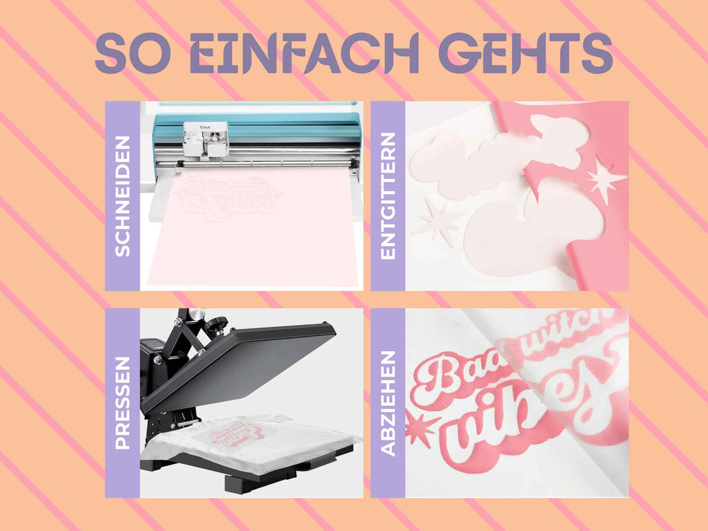 Einfach zu schneiden, entgittern und pressen mit allen gängigen Plottern und Textilpressen.