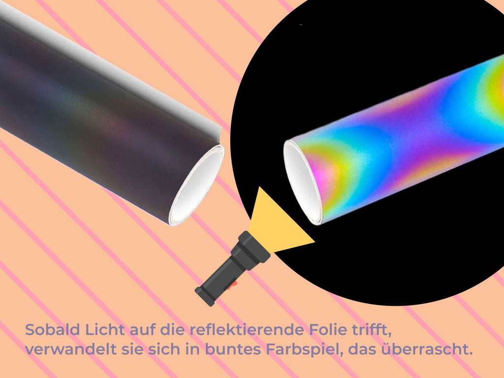 Vergleichsbild der reflektierenden Vinylfolie im Normalzustand und im Licht: Links matt-schwarz, rechts mit strahlendem Regenbogenschimmer – ausgelöst durch eine Taschenlampe.