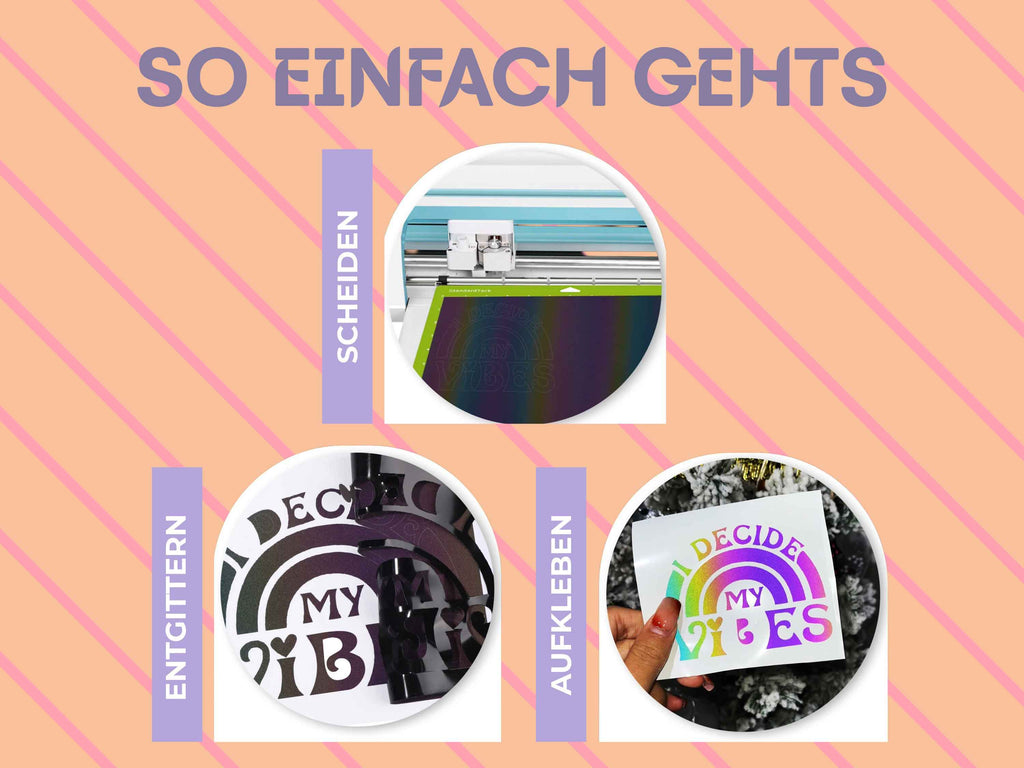 Schritt-für-Schritt-Anleitung zur Anwendung der reflektierenden Vinylfolie: Schneiden mit dem Plotter, Entgittern und Aufkleben.