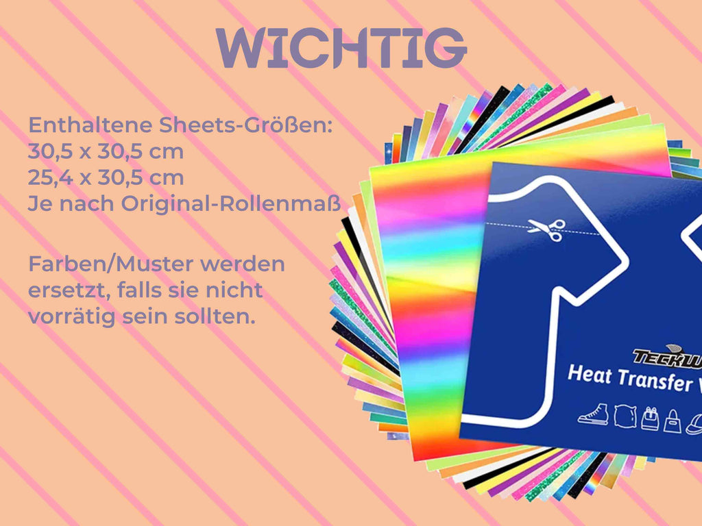Hinweise zum TeckWrap HTV-Beginner-Set: Größenangaben, Materialhinweise, Austauschoptionen bei nicht vorrätigen Designs
