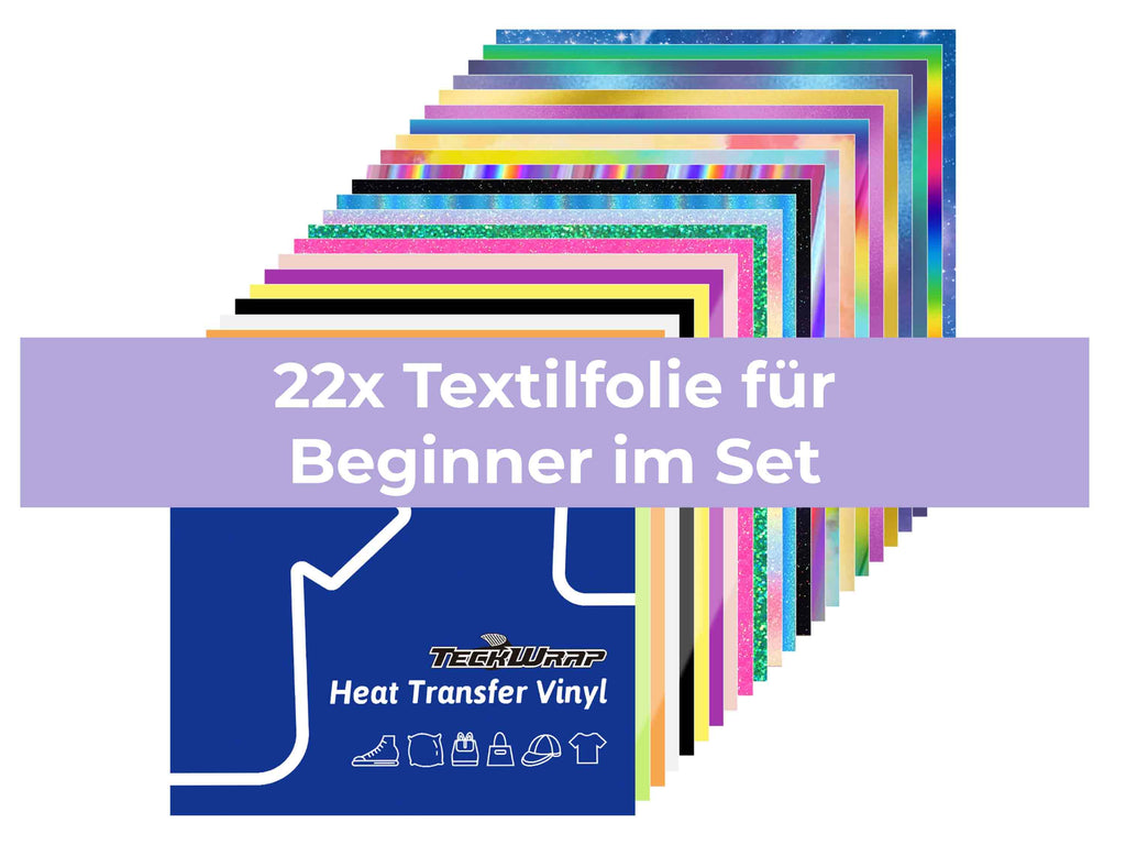 22-teiliges Textilfolien-Starterset von TeckWrap Craft mit verschiedenen HTV-Folien – ideal für Plotter-Anfänger:innen mit Cricut, Silhouette oder Brother
