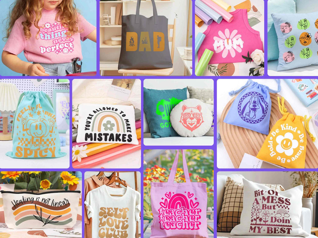 Verschiedene DIY-Projekte mit HTV PU Folie: leuchtende Farben auf Kleidung, Taschen und Kissen – ideal für Cricut & Co.